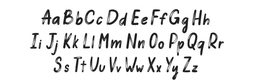 Handwritten cursive alphabet, brush stroke typography. Sketch black ink design header uppercase and lowercase letters. Font with organic texture. Black vector illustration on a white background.