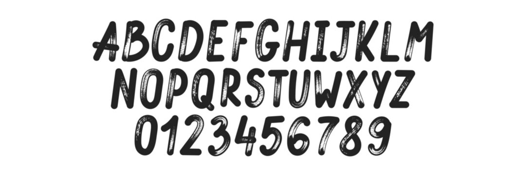Handwritten alphabet with numbers, brush stroke typography. Sketch black ink design header uppercase letters. Font with organic texture. Black vector illustration on a white background.