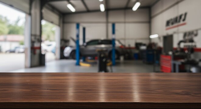 Empty Brown Wooden Tabletop in Blurred Auto Repair Shop Background, Car Maintenance Service, Mechanic Workshop, Industrial Interior
