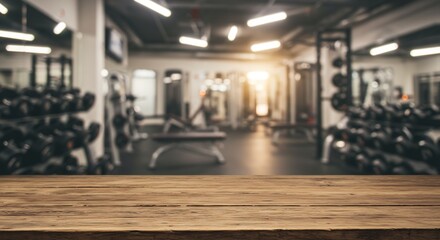 Rustic Wooden Tabletop in Blurred Background of Modern Fitness Gym with Exercise Equipment and Weights