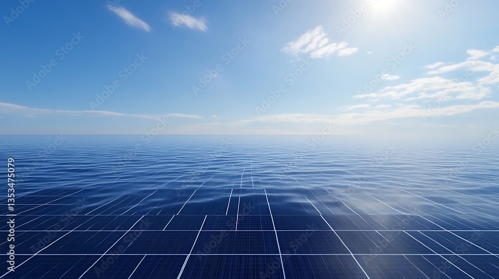 Poster vast solar panel array reflecting sunlight under a clear blue sky.