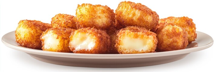 Golden crispy tater tots, plate of potato nuggets, crispy fried potato bites, golden brown potato puffs, crunchy potato snacks, savory appetizer, comfort food, crispy exterior soft interior, bite-size
