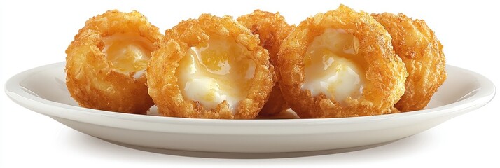 Golden crispy spheres, creamy white centers, fried mozzarella balls, appetizer plate, white ceramic dish, savory Italian snack, molten cheese interior, crunchy exterior, warm melty cheese, restaurant 