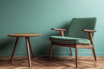 Green armchair and wooden side table against turquoise wall