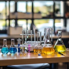Science experiment setup on lab table, research station with testing equipment,