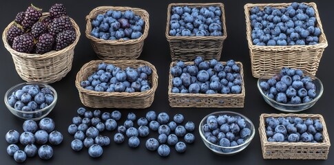 Fresh blueberries, wooden baskets, rustic table, dark background, overhead view, various containers, abundance of fruit, farm harvest, organic produce, rich blue color, scattered berries, woven basket