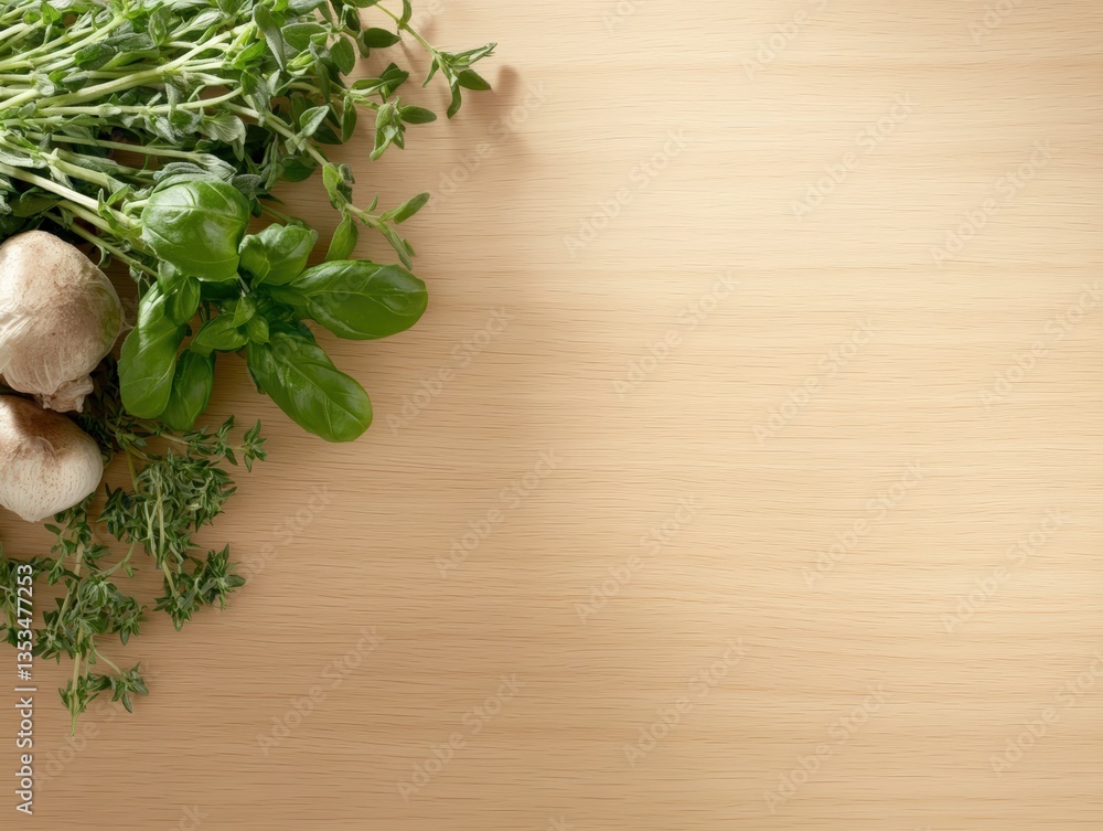Poster fresh basil and thyme accompanied by two mushrooms artfully arranged on a light wooden surface with 