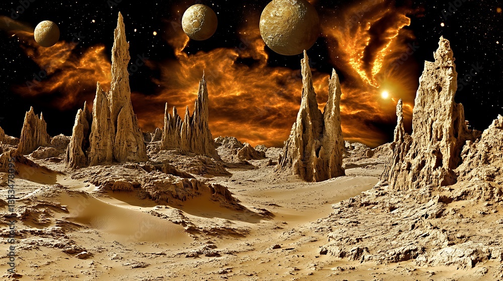 Poster a surreal landscape featuring alien terrain and celestial objects in space