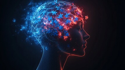 Abstract digital illustration of a human head with jigsaw puzzle pieces, radiating light