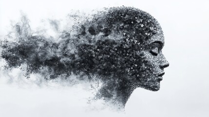 Abstract female profile, fragmented form, dissolving into smoke