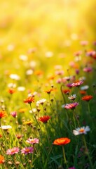Vibrant sunlit abstract spring flower field backdrop, flower, details