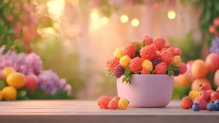 Naklejka premium Fresh Berries in a Bowl Surrounded by Nature’s Beauty