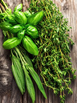 Fresh basil thyme and sage sprigs beautifully arranged on rustic wooden surface highlighting natural herbs used in culinary dishes for cooking and flavo