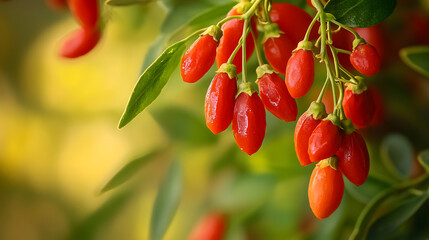 Fresh Goji Berries on Branch with Vibrant Red Color and Green Leaves in Natural Setting
