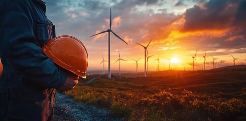 Wind Turbines Sunset Industrial Landscape with Technician Engineer Holding Safety Helmet at Power Generation Station