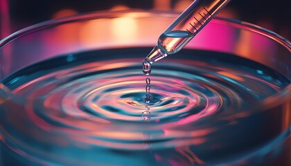 Close-up of a single drop of liquid falling into a petri dish, creating concentric ripples.  Science, research, and precision imagery.