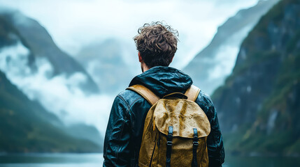A lone traveler contemplates the majestic mountain landscape. An adventurous journey into the wild, seeking serenity and exploration.