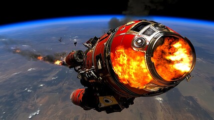 Fototapeta premium A spacecraft burning up in the atmosphere shows flames and debris