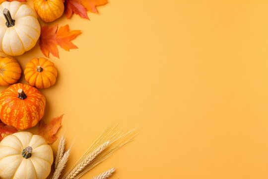 Autumnal arrangement featuring pumpkins leaves and wheat stalks on orange