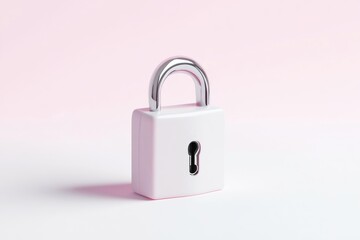 Fototapeta premium Simple, pastel-colored padlock. A minimalist digital rendering of a white padlock with a silver keyhole and latch. Perfect for security, privacy, or design projects