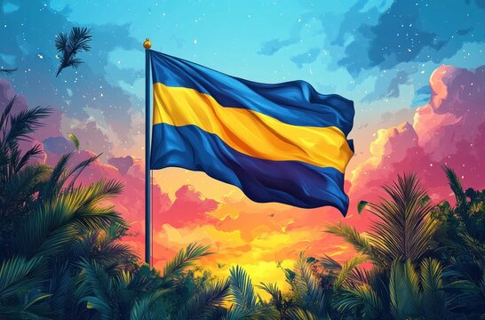 Gabon Independence Day Celebration Illustration with Gabon Flag on Flagpole