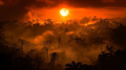 Fiery Sunset Over Misty Forest