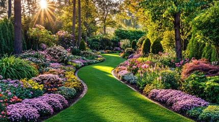 Obraz premium A Majestic Garden Landscape: Sunlit Pathway, Vibrant Flowers, and Lush Greenery