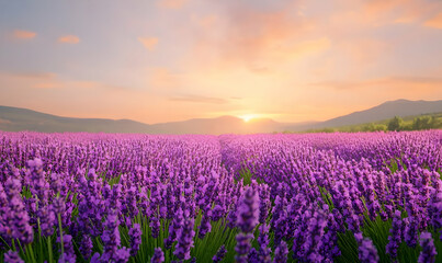 Fototapeta premium POV View of Serene Lavender Field in Full Bloom at Sunset