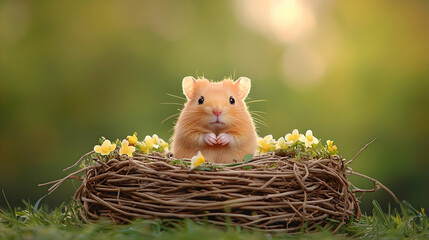 Hamster Climbing Into Nest Surrounded by Colorful Flowers in Nature