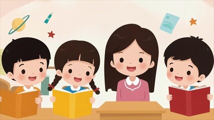 Cute cartoon of a smiling teacher reading with three happy children in a classroom setting. Colorful books and learning elements float in the background