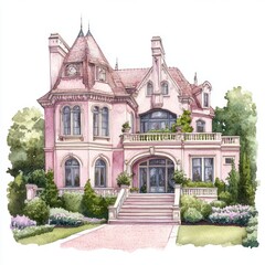 Watercolor illustration of a pink Victorian mansion with lush landscaping and gardens