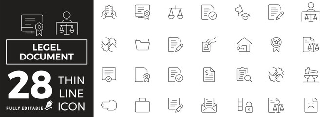 Legal documents set of web icons in line style. Document linear icons collection. Containing passport, contract, agreement, ID card, certificate, license, law, justice. Editable stroke	