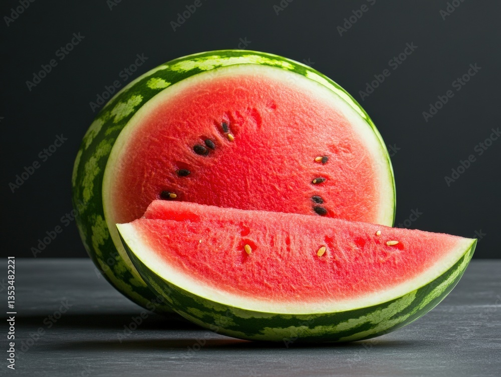 Poster halved watermelon with a fresh slice in front, illuminated on a dark gray surface, with a deep dark 
