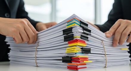 Two Businesspeople Collaboratively Managing a Large Stack of Paper Documents Secured with Binder Clips and Rubber Band in an Office Setting