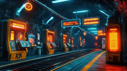Futuristic Cyberpunk Train Station at Night with Neon Lights