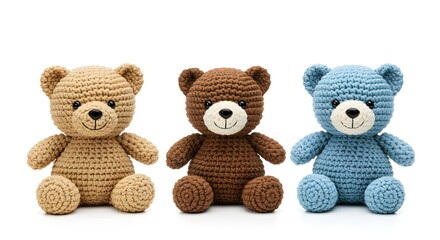 Three Knitted Teddy Bears on White Background