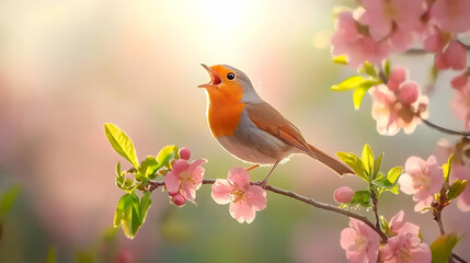 Obraz premium Robin Singing Beautifully Among Delicate Pink Blossoms in Spring
