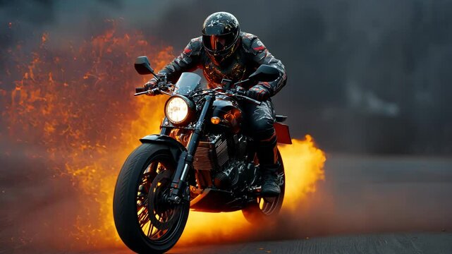 Action shot with man riding away from explosion on bike. Dynamic scene with fire in action movie blockbuster style