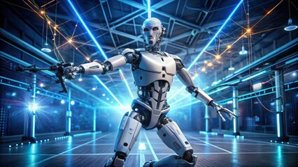 Naklejka premium Robotics Engineering A futuristic robot poses dramatically in a high-tech environment filled with vibrant lights.