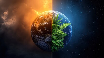 A split image of Earth, showcasing a vibrant, green landscape on one side and a dark, stormy atmosphere on the other, symbolizing contrasting environments, climate activist.