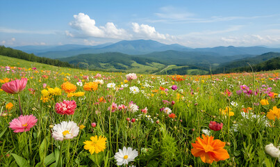 Fototapeta premium Vibrant Spring Meadow with Colorful Flowers and Scenic Mountains