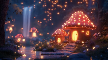Obraz premium Enchanted Mushroom House in a Glowing Forest at Night