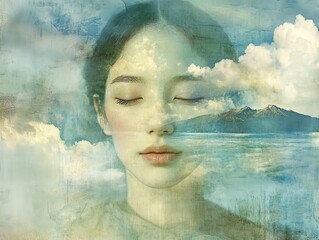Serene woman portrait blended with a dreamy landscape of sky, clouds, and mountains.  Peaceful, ethereal, and tranquil mood.