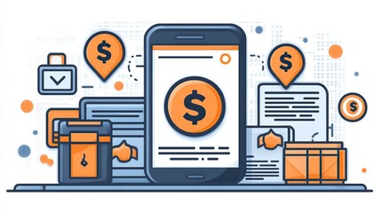 Mobile payment illustration, showing various financial transactions