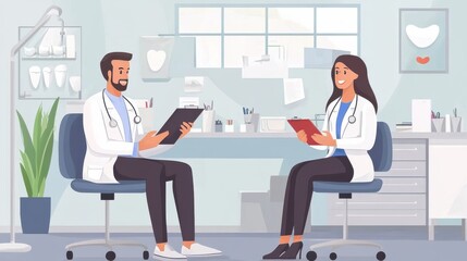 Friendly healthcare professionals engage in a collaborative discussion within a modern clinic setting, promoting effective communication and teamwork in patient care