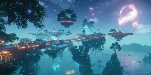 Fototapeta premium A sci-fi world where floating islands are connected by glowing bridges suspended in mid-air