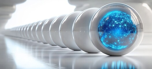 Glowing Blue Geometric Sphere Among White Glossy Spheres