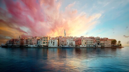 Naklejka premium Serene Coastal Village with Colorful Buildings and Vibrant Sunset Sky