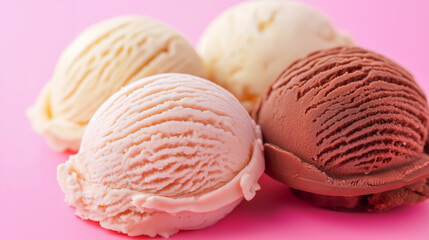 Delicious ice cream scoops in various flavors arranged on a colorful background