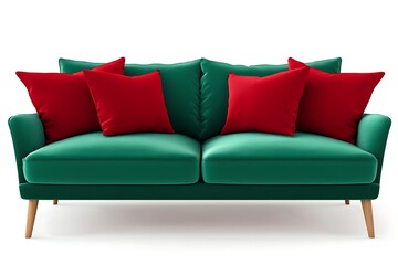 Cozy green sofa with red pillows on white backdrop, interior decor, home furniture